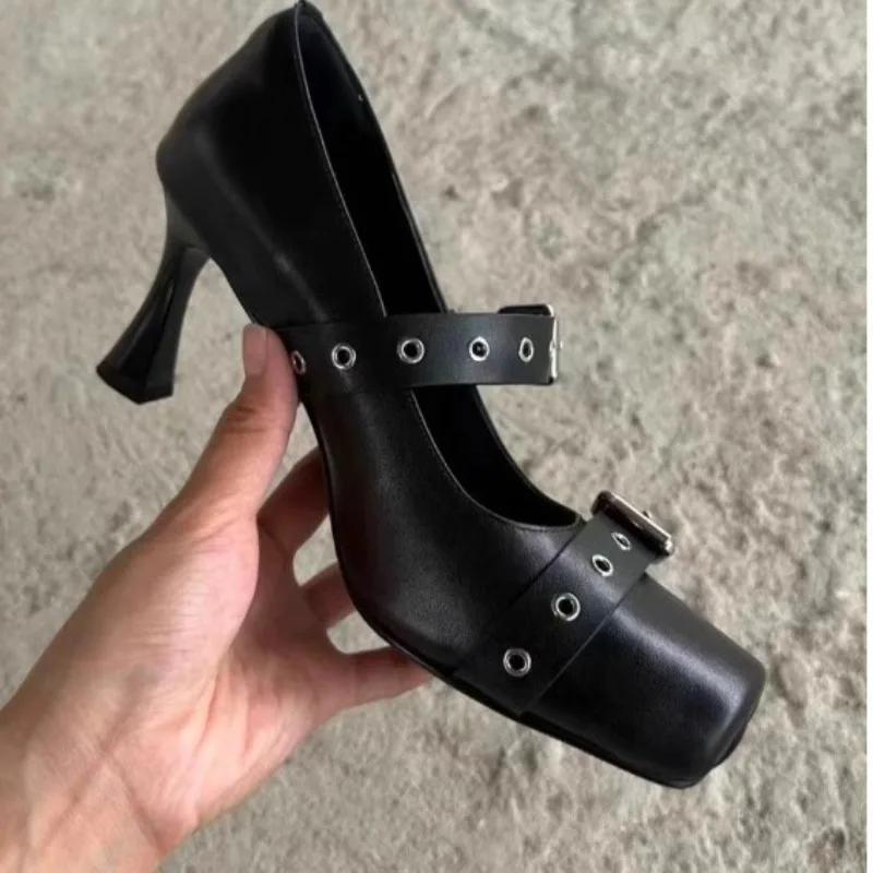 2025 New Black 7cm High Heels Sandals Metal Buckle Rivets Ballet Shoes Spicy Girl Square Toe Shoes PU Autumn Women's Shoes 35-39