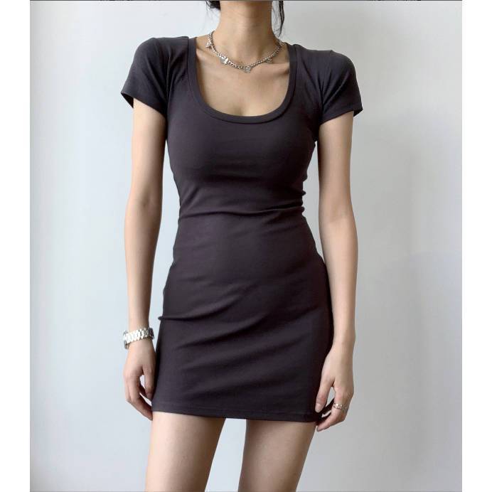 Simple, sweet and spicy, sexy big U-neck tight-fitting hip-wrapped dress, women's summer ins style black skirt