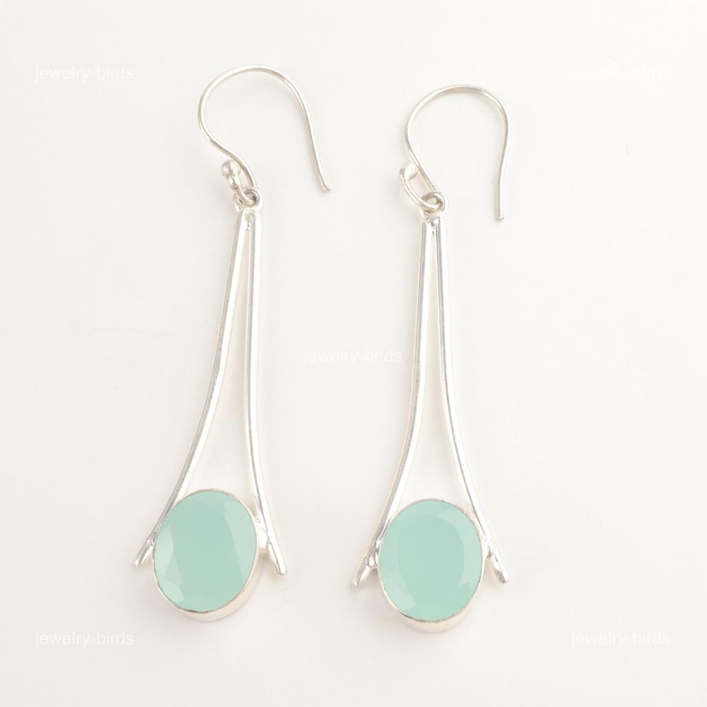 Natural Aqua Chalcedony 925 Sterling Silver Mothers Day Dangling Hook Earrings EE-136-16
