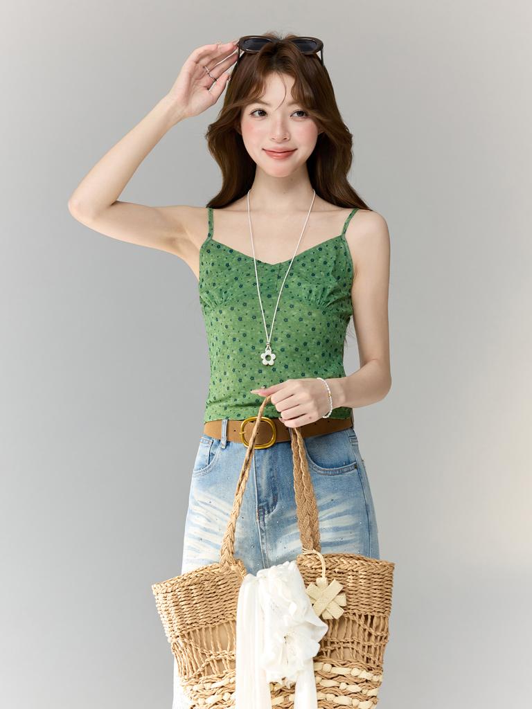 Korean version of floral BM style sexy V-neck sling vest for women's summer babes with slim-fitting short top