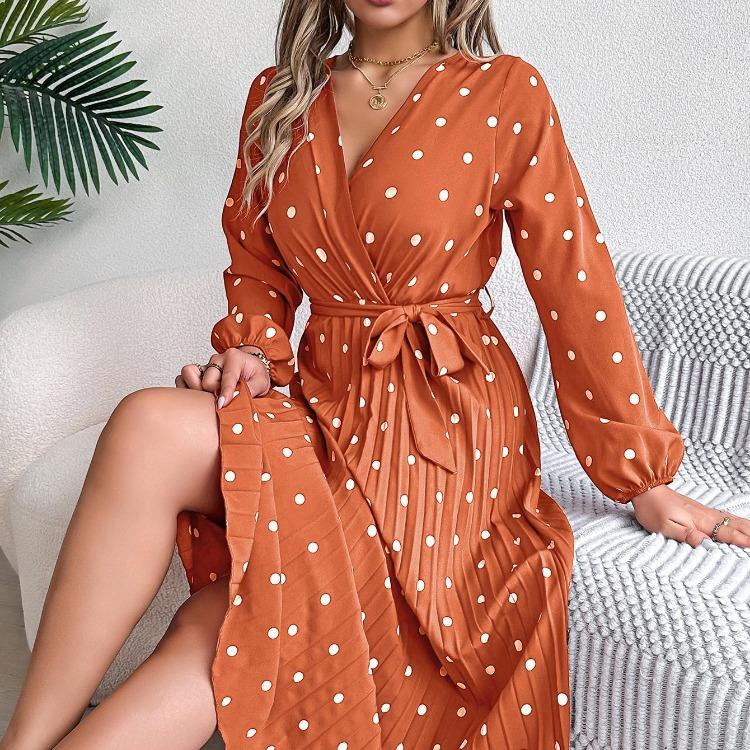 Women Long Sleeve A Line Long Dress High Waist Dot Pleated Autumn Winter Fashion