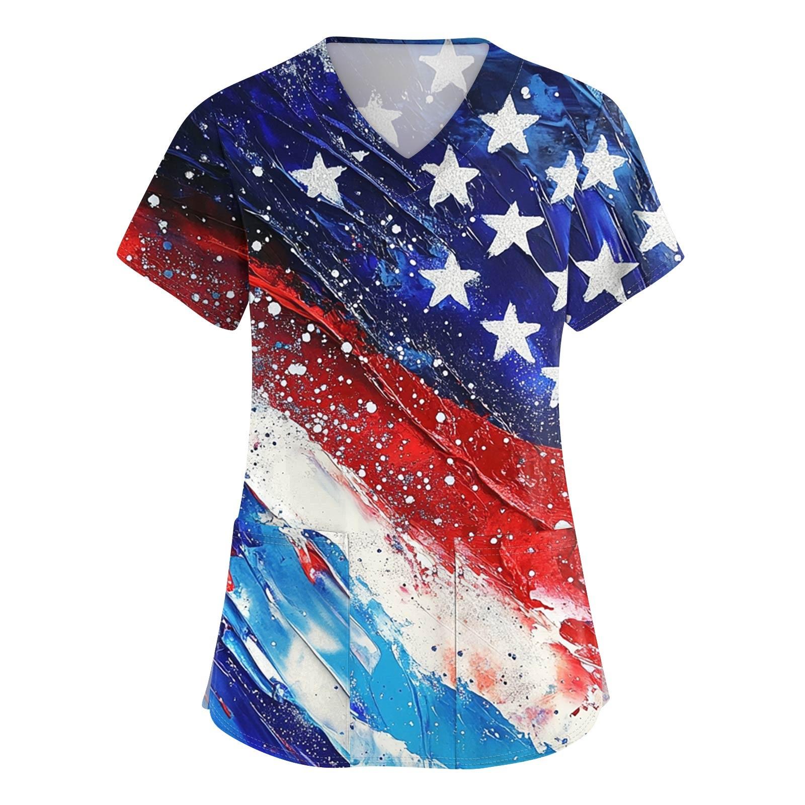 Women s Short Sleeve Independence Day Printed V-Neck Pocket Workwear Top S красный