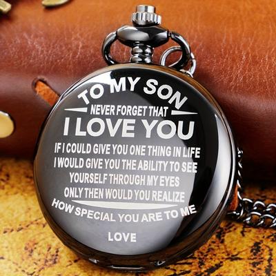 Round Pointer Quartz Pocket Watch I Love You Print Electronic Watch and Chain Gift for Son