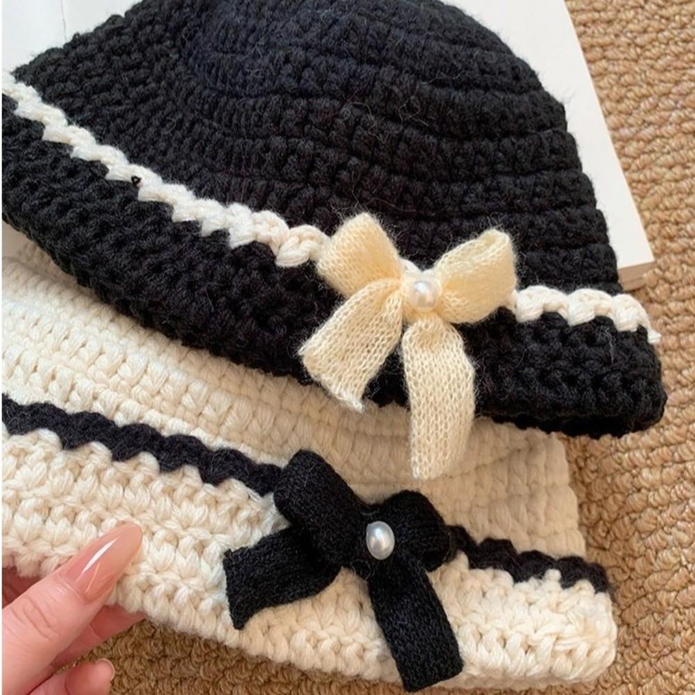 Hand-Knitted Bucket Hat 3D Bow Crochet Beanie Hat Elegant Knitted Basin Hat