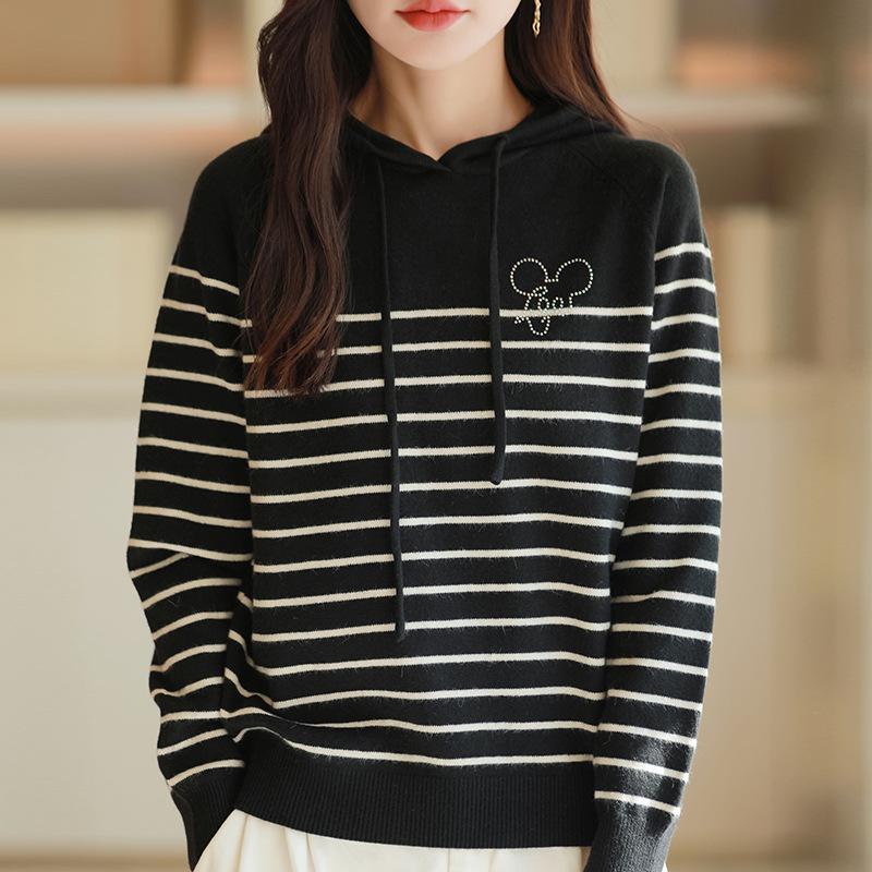 

Полосатый трикотажный свитер с капюшоном и длинными рукавами, с горячими бриллиантами, женский пуловер, широкий худи топ для осени и зимы, новинка XXL чёрный