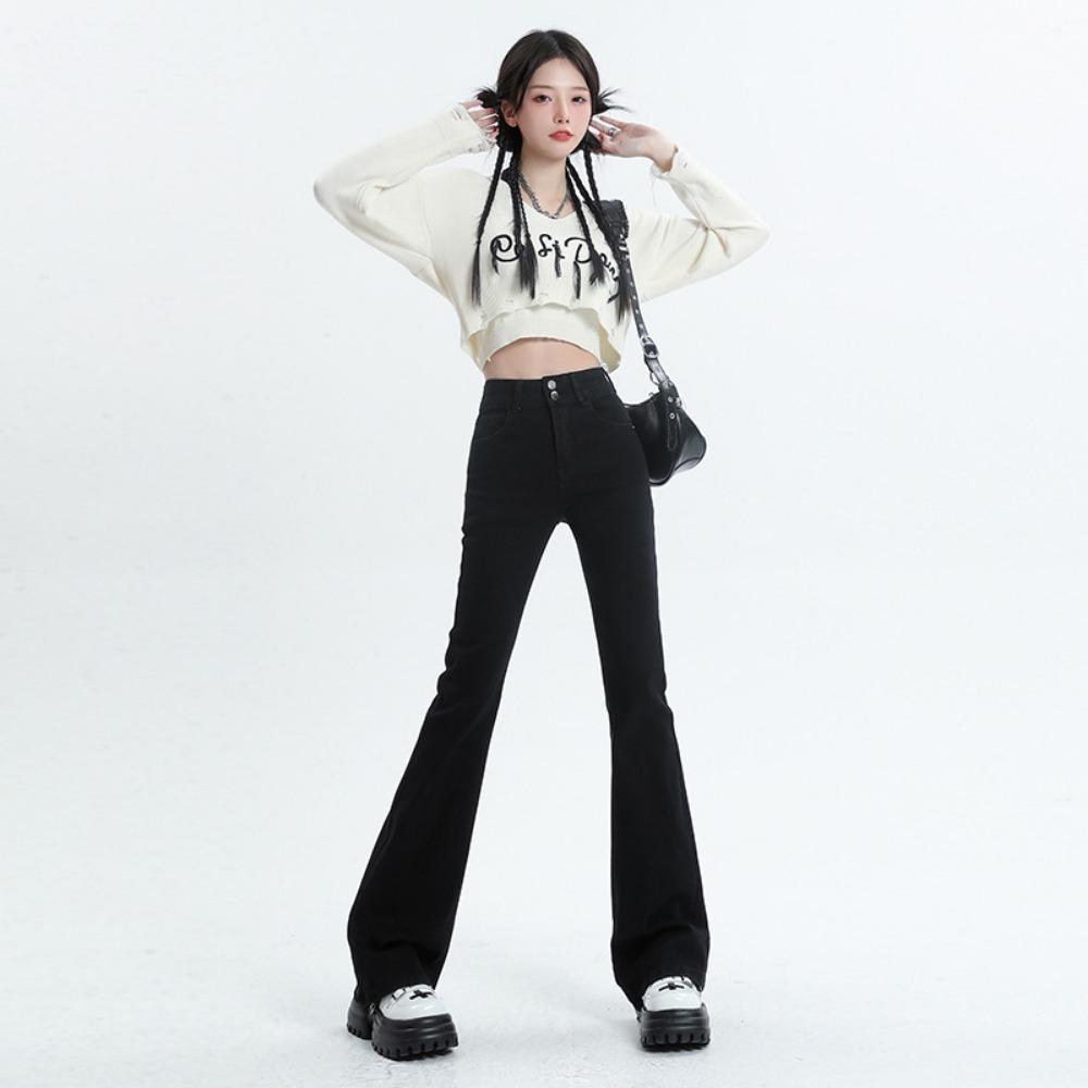 

American retro micro-flared jeans for women s winter high waist and thin elastic babes, small mopping horseshoe pants XL чёрный