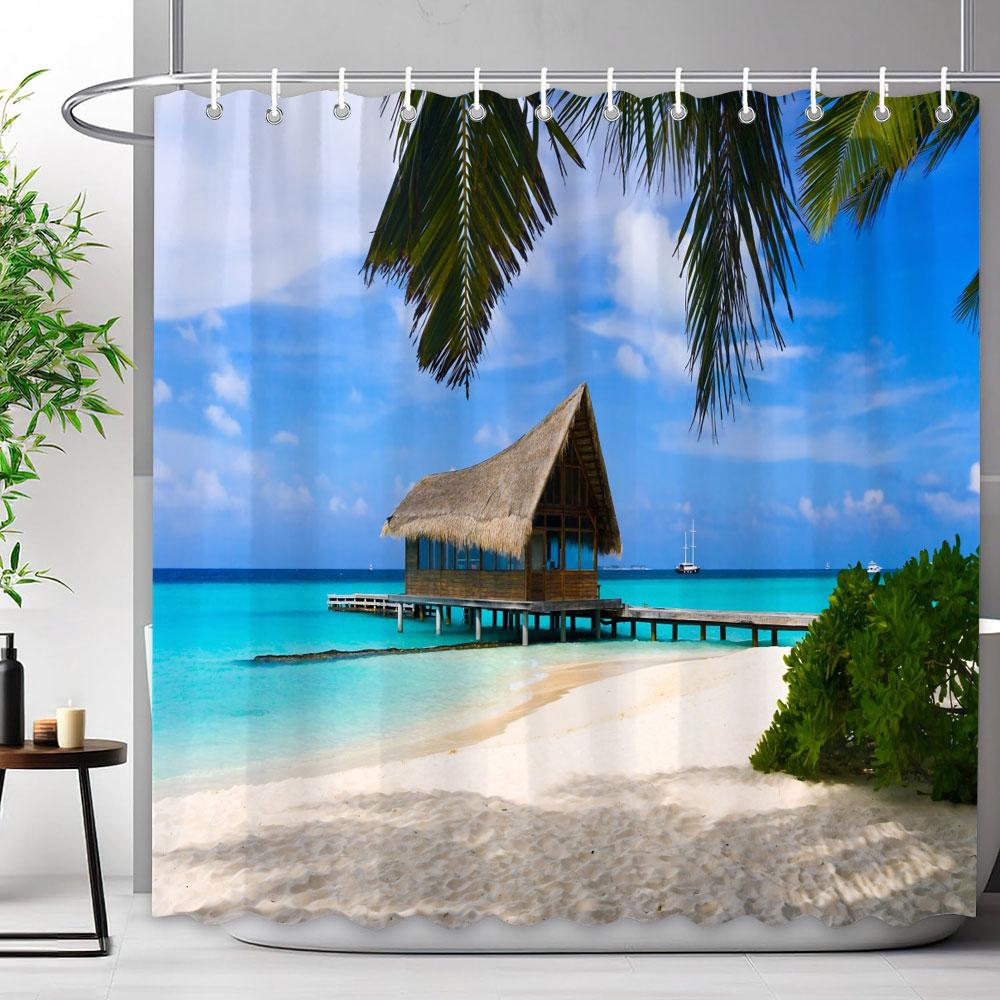 Sceneria Morska Zasłona Prysznicowa Niebieski Ocean Plaża Tropikalne Lasy Outdoor Natura Krajobraz Poliestrowe Zasłony Prysznicowe Wystrój Łazienki