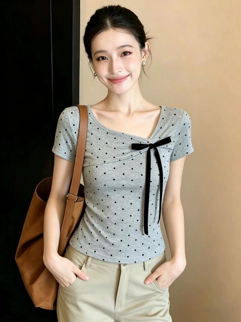 Pure Cotton, Korean Polka Dot Bow Diagonal Neck Short-sleeved T-shirt Women's Summer Slim-fitting and Thin Short Spice Girl Top