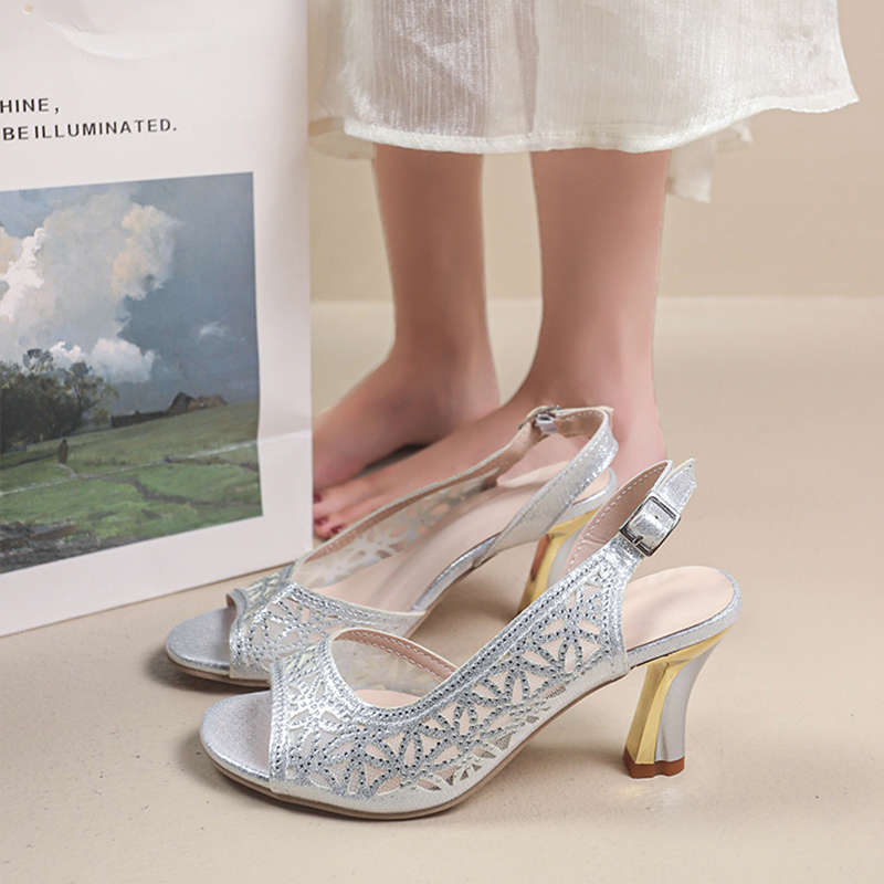 Fish mouth mesh sandals fairy style thick heel summer new  shoes fashion high heels fashion versatile  shoes