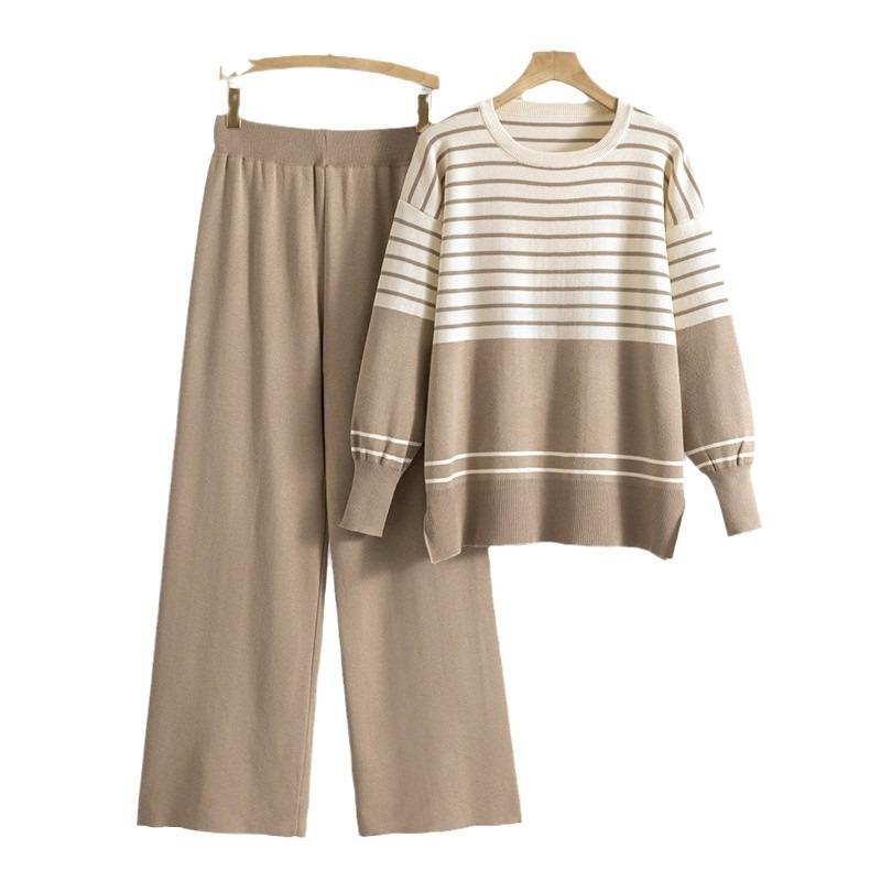 Plus Size Women's Spring New Striped Knit Sweater Loose Casual Fashion Two Piece Set