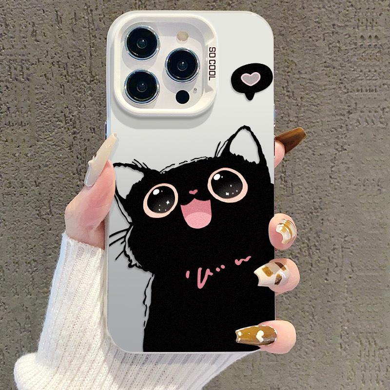 Adorable Black Cat iPhone Case - Compatible with iPhone 13/14Pro/15Pro Max/16 Pro/17, Silver Color