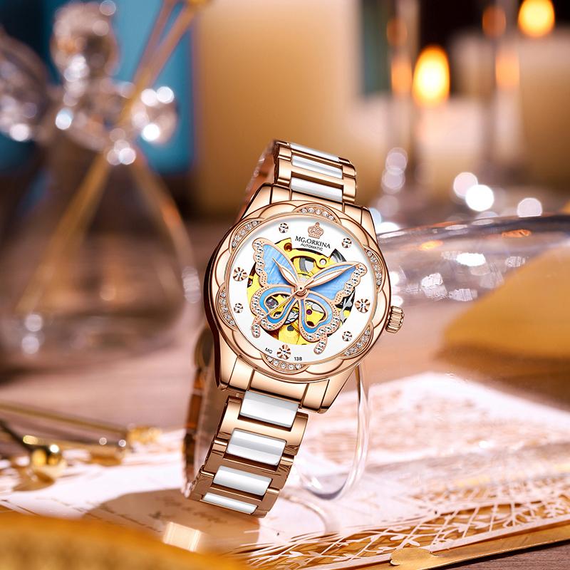 Fashion Women Mechanical Watch Waterproof Luxury Brand Ladies Automatic WristWatch Ceramic Hollow Clock