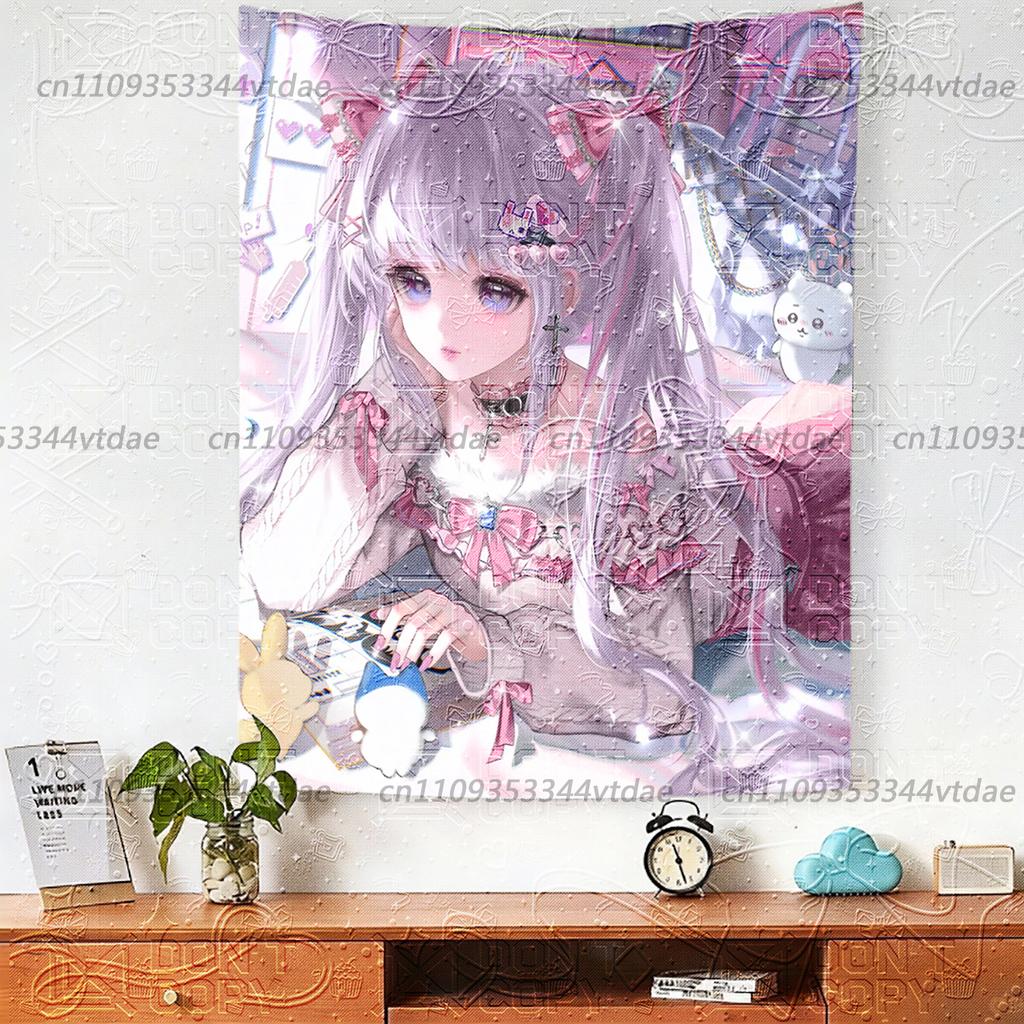 Gothic Kawaii Lolita Anime Girl Tapestry Dark Sweet Twin Tail Wall Hanging Y2K Girl Aesthetic Background Cloth for Bedroom Dorm