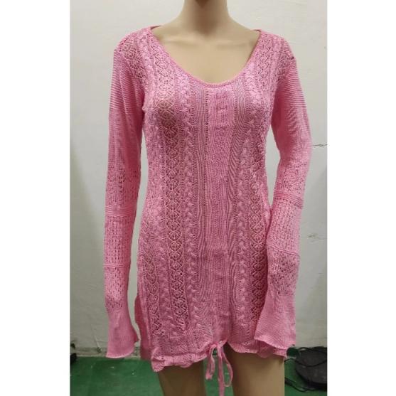 Frühlings- und Herbst-Damen-Temperament Tiefes V Haken Blume Aushöhlung Langärmeliges Strickkleid Paket Hüftkleid