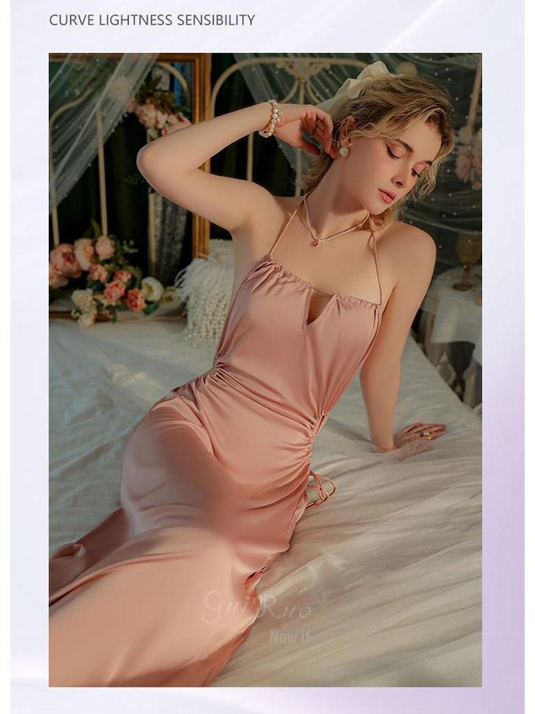 Guiruo Ice Silk Backless Nightdress – Sexy Halterneck Solid Color Pajamas for Spring and Summer (Q2750)