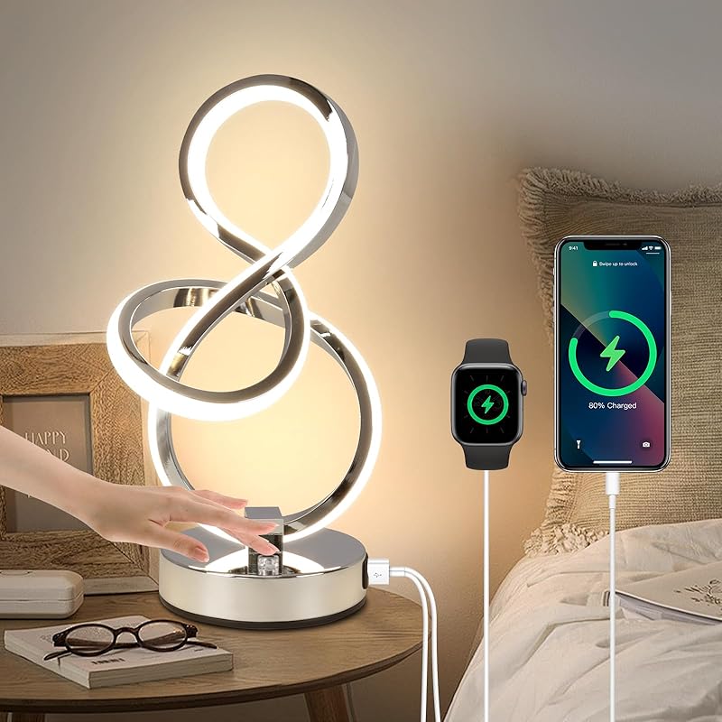 Modern Spiral Table Lamp, 7 Colors 10 Light Modes LED Nightstand Small Lamp with USB C+A Ports, Touch Dimmable Lamps for Living Room Bedroom Bedside,