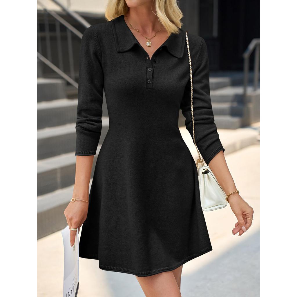 Women's Fashion Long-Sleeved Casual Solid-Colour Dress