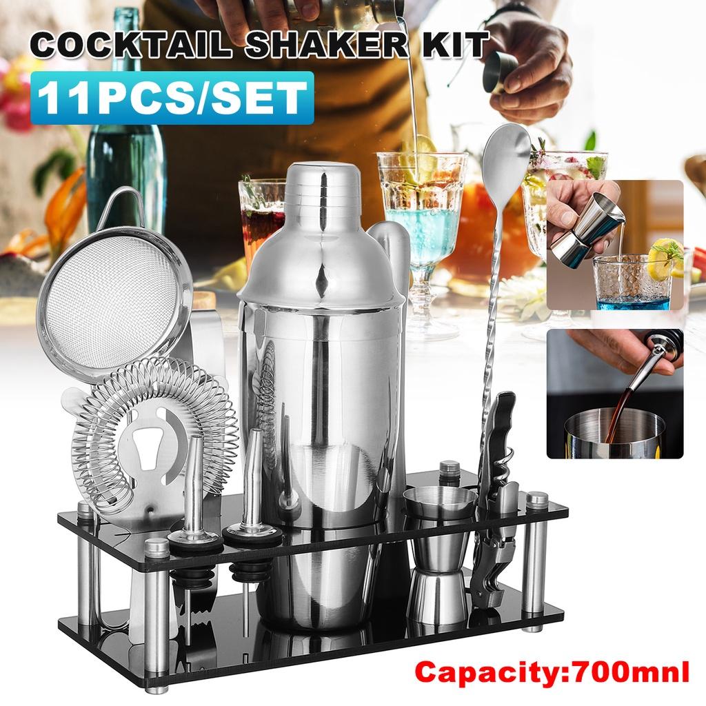 700ml Stainless Steel Cocktail Set Boston Shaker Mixer Drink Making Tool Kit 11pcs for Home Bar Use Black+Silver