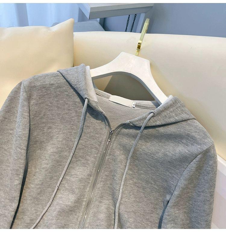 2023 Korean Style Women's Slimming Short Hooded Sweatshirt with Double-Headed Zipper