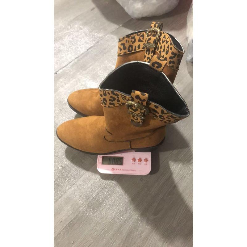 European and American Foreign Trade Thick Heel Medium Tube Color Matching Knight Boots Women's New Pointed Buckle Leopard Print Thin Cigarette Boots
