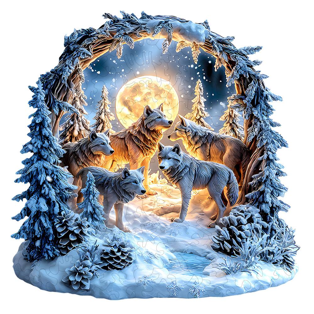 Wolf Wooden Puzzle In The Snow Forest Irregular Small Animal Pieces Flat Wooden Puzzle