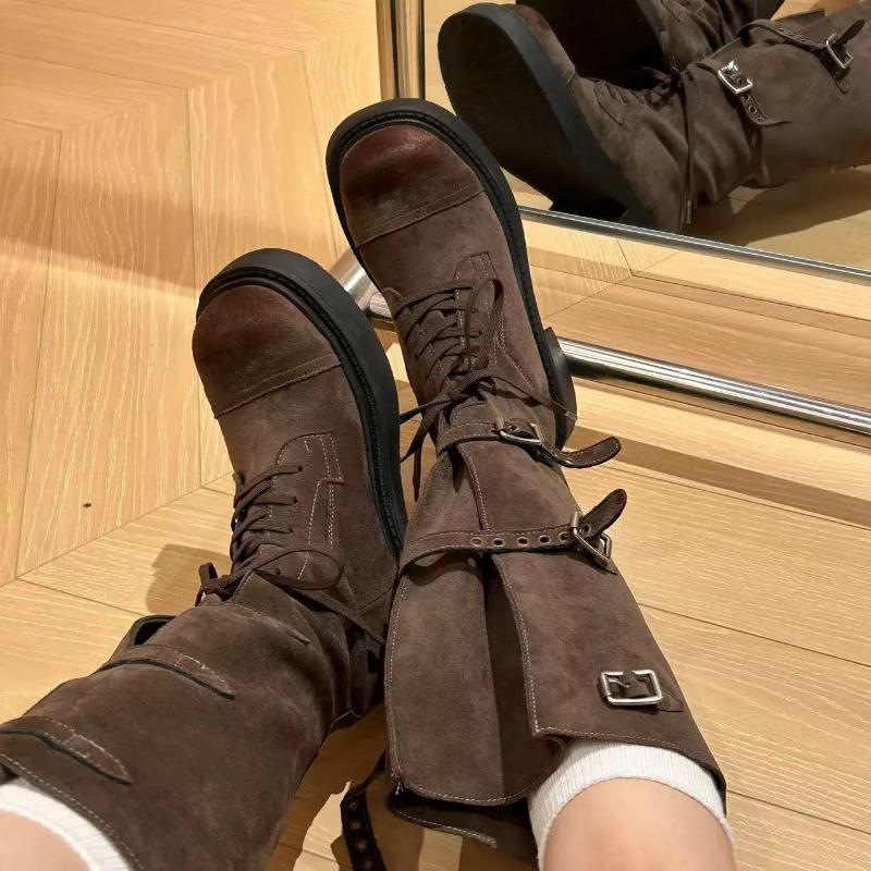 ~ Retro Style All Soft Cowhide Lace-up High Boots Medium Heel Boots Women's Loose Leather Buckle Women's Boots Tide