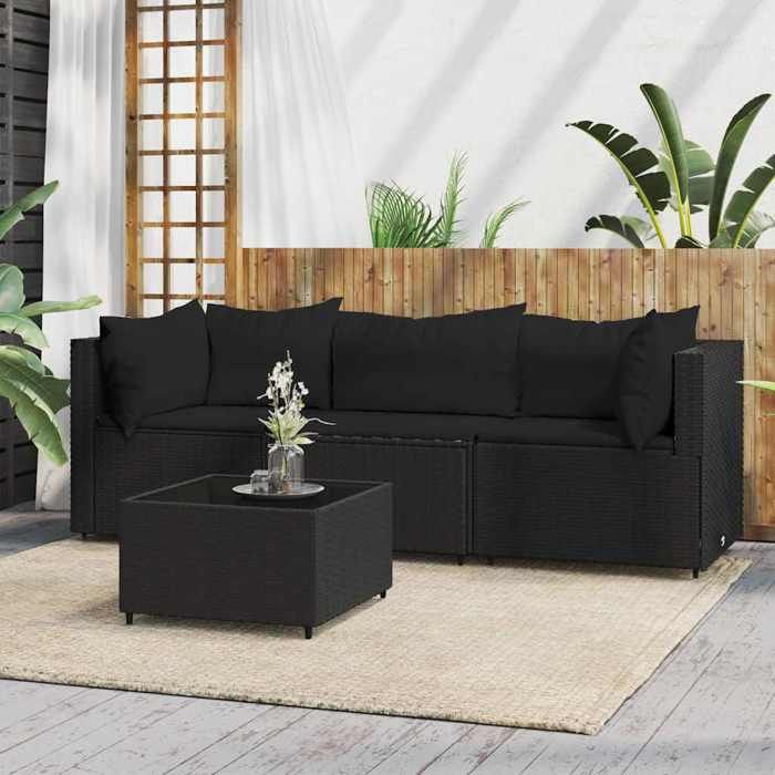 VidaXL Salon de jardin 4 pcs avec coussins Noir Résine tressée, ensemble de salon d'extérieur, ensemble de mobilier 319783