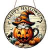 2D Flat, 1pc Joyful Halloween Aluminum Round Sign, Gnome Pumpkin Cup Happy Halloween Print, Rustic Style Metal Door Wall Hanging, No Electricity