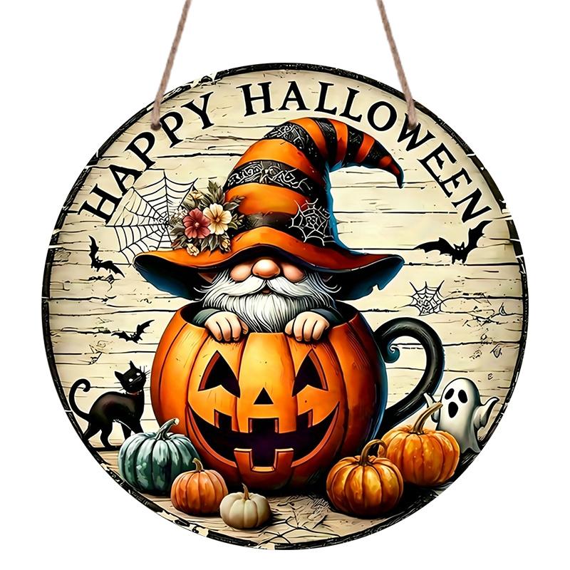 2D Flat, 1pc Joyful Halloween Aluminum Round Sign, Gnome Pumpkin Cup Happy Halloween Print, Rustic Style Metal Door Wall Hanging, No Electricity