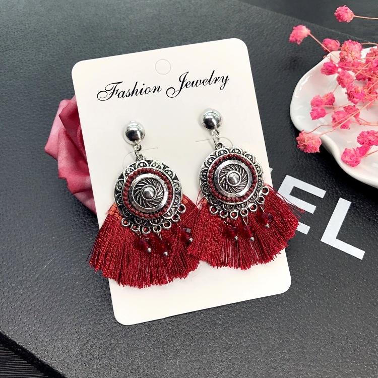 

Fashion retro ethnic style fringed earrings, female versatile temperament ancient silver circle earrings simple earrings червоний