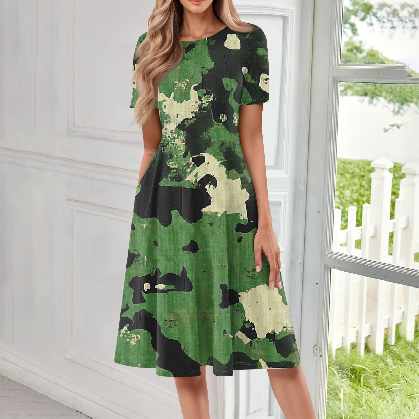 

Женское свободное повседневное и модное платье с круглым вырезом и короткими рукавами, средней длины с принтом L армия зеленый