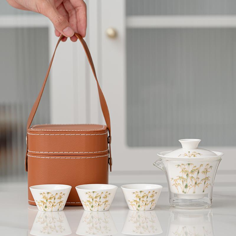 

Chinese fresh golden silk bamboo rhyme cover bowl portable travel tea set car outdoor kung fu teapot business trip gift