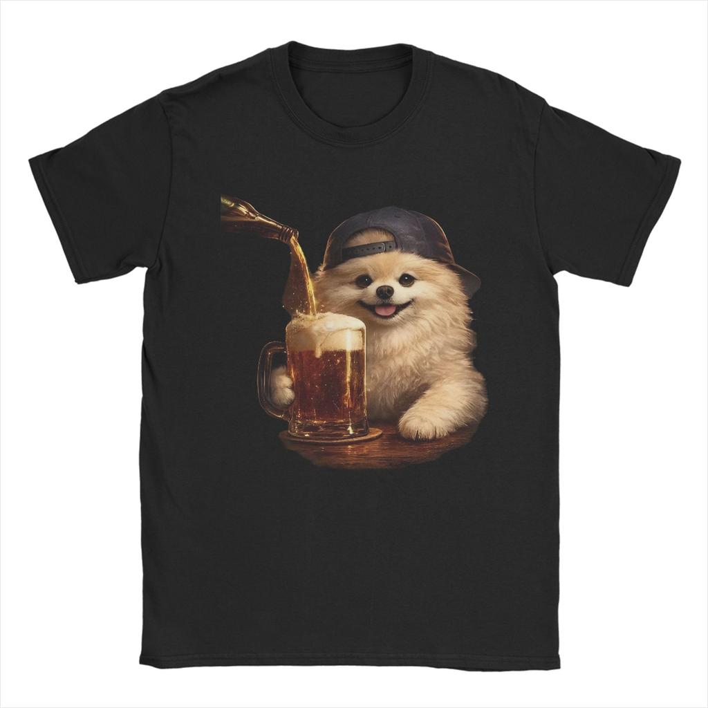 Unisex Unisex T-Shirt Lustiger Patriotischer Zwergspitz Hund Trinkt Bier Amerikanische Reine Baumwolle T-Shirts Rundhals Kleidung Große Größen