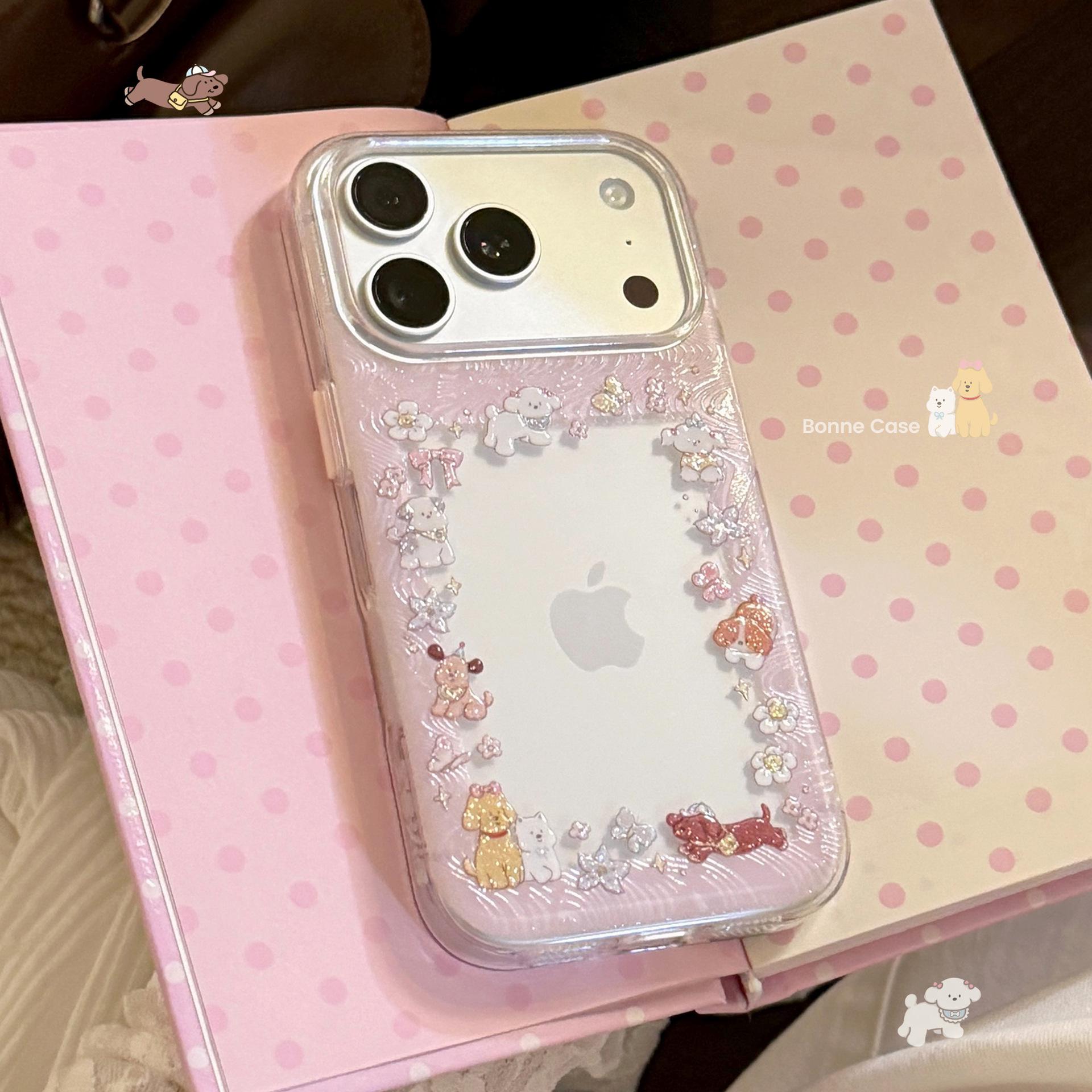 

Cute Puppy Glitter iPhone Case for 13/15/16/17 Models, Card Slot 14 Pro Max