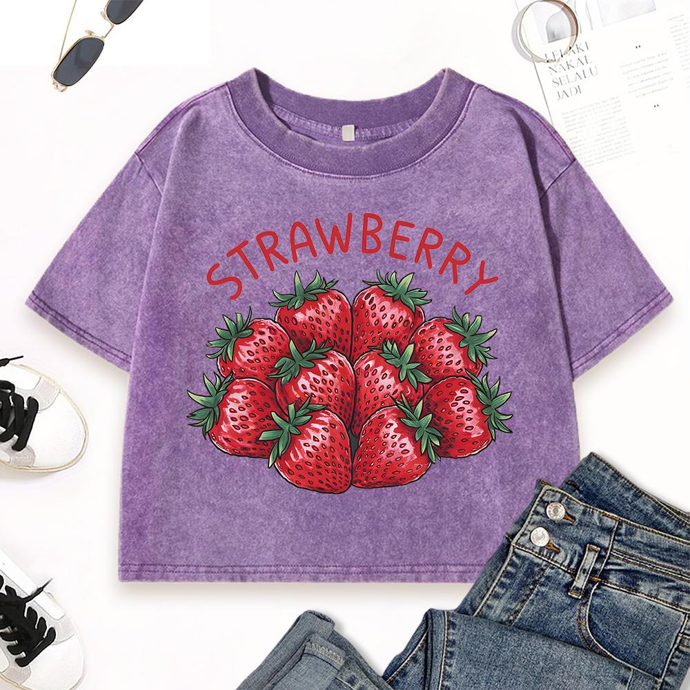 Tempting Fresh Strawberries Print Washed T Shirts Women Summer Casual Short Sleeve Cotton T-Shirt T Shirts
