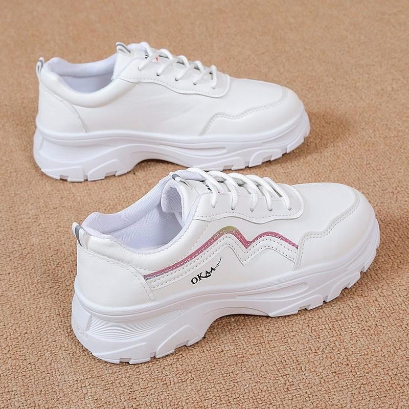 Women's Autumn New Versatile Leather Surface White Shoes Inner Height Increase Muffin Platform Sports Shoes
