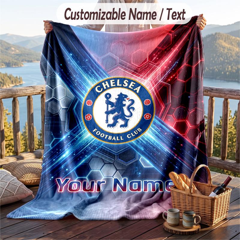 Flannel Blanket Chelsea FC Print Custom Name Text Soft Throw for Sofa Bed