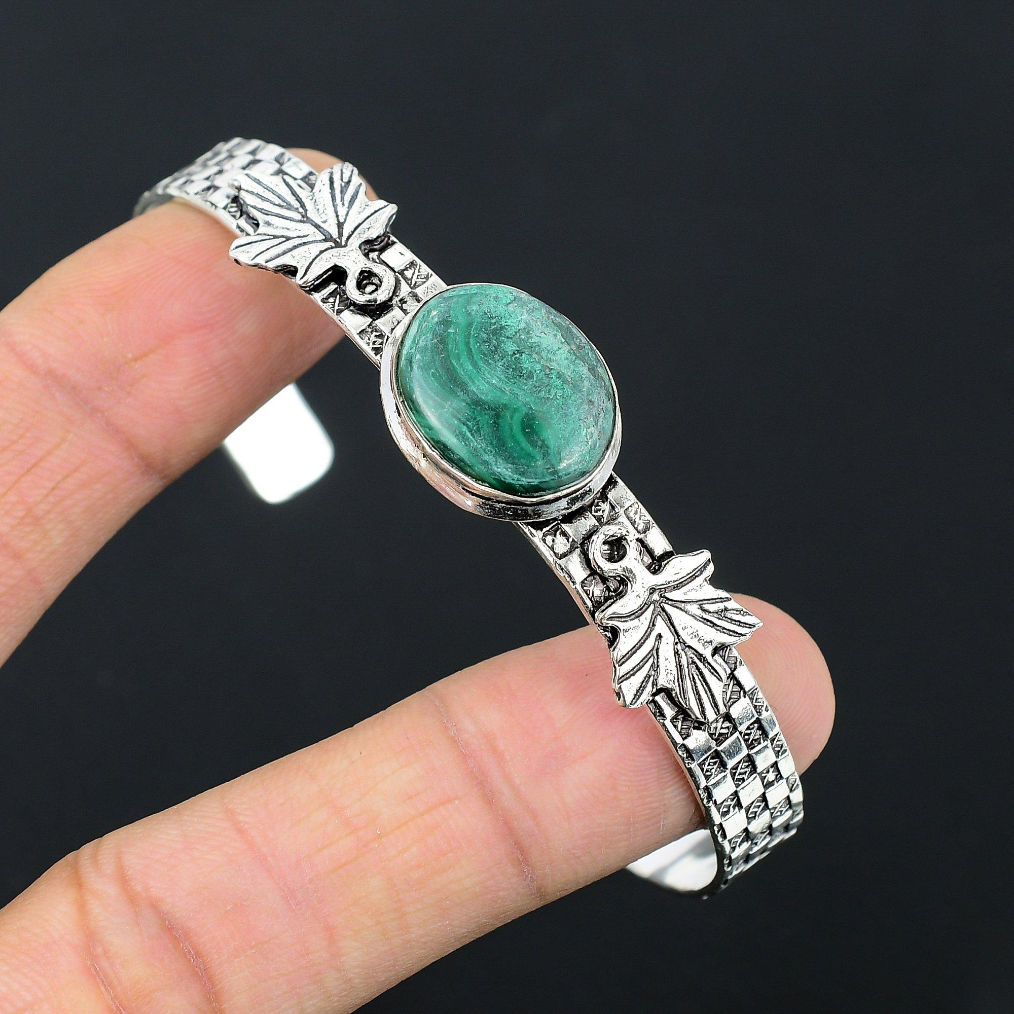 

Natural Malachite Gemstone Bangle Adjustable 925 Sterling Silver Indian Jewelry Adjustable