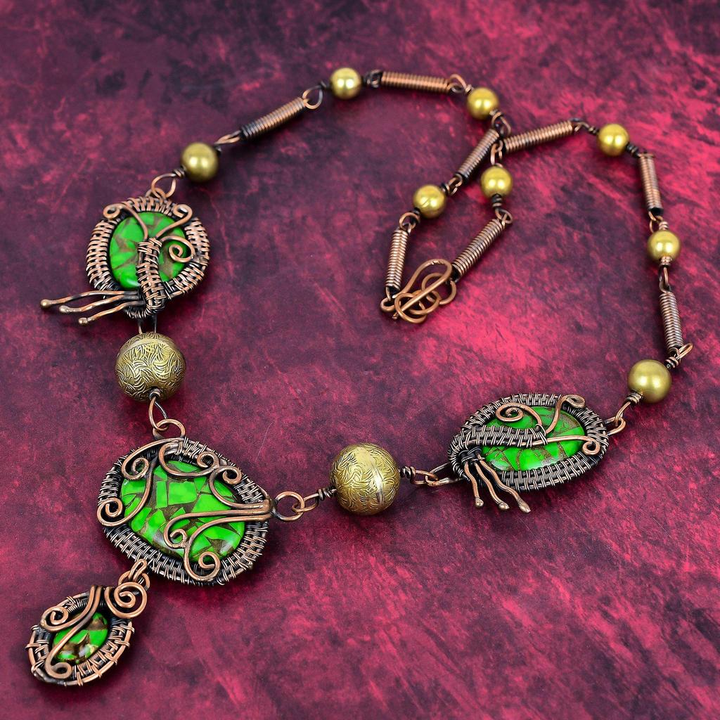 Copper Green Turquoise Gemstone Necklace Copper Wire Wrapped Jewelry Adjustable Chain Necklace