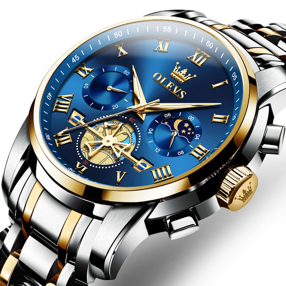 OLEVS Men's Stylish Chronograph Watch, Popular Brand for Business, Large, Easy-to-Read Analog, Waterproof Quartz Movement, Blue