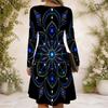 Women s Criss Cross V Neck Long Sleeve Printed Dress Black Blue Green Mandala Curved Hem