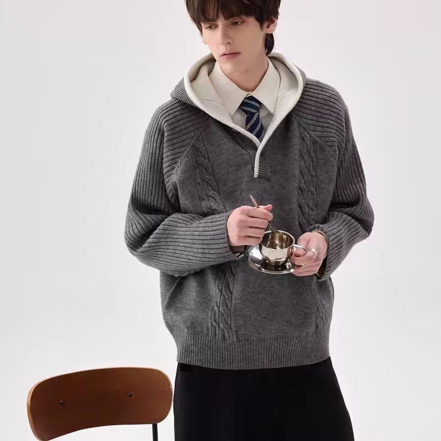 

Unisex Autumn/Winter Color Block Cable Knit Hoodie Sweater - Thick, High-End, Loose Fit XXL сірий колір