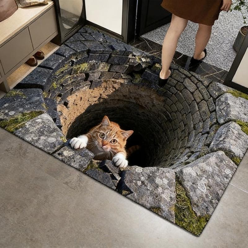 Deep Well Cute Kitten Door Mat Stone Hole Water Well 2D Printed Carpet Living Room Bedroom Decorative Floor Mat