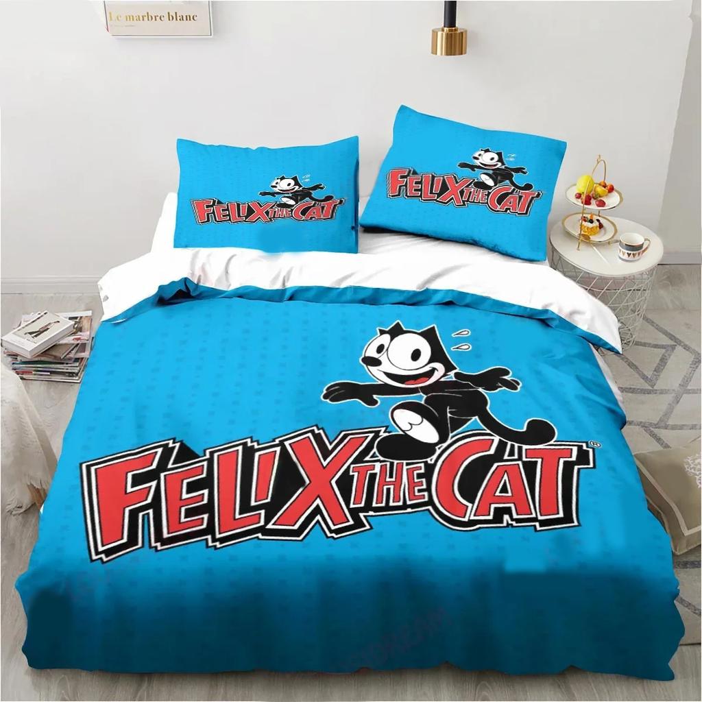 Carino Set Biancheria da Letto Cartone Animato Gatto F-Felix, Copripiumino Coperta Set Letto Copripiumino Federa, Dimensioni King Queen Twin Bambini Bambine Adulti