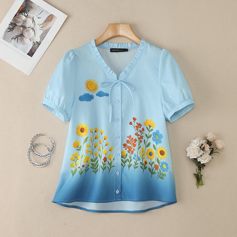 

ZANZEA Женская блузка с V-образным вырезом, коротким рукавом, с цветочным принтом, в стиле кэжуал 4XL синий