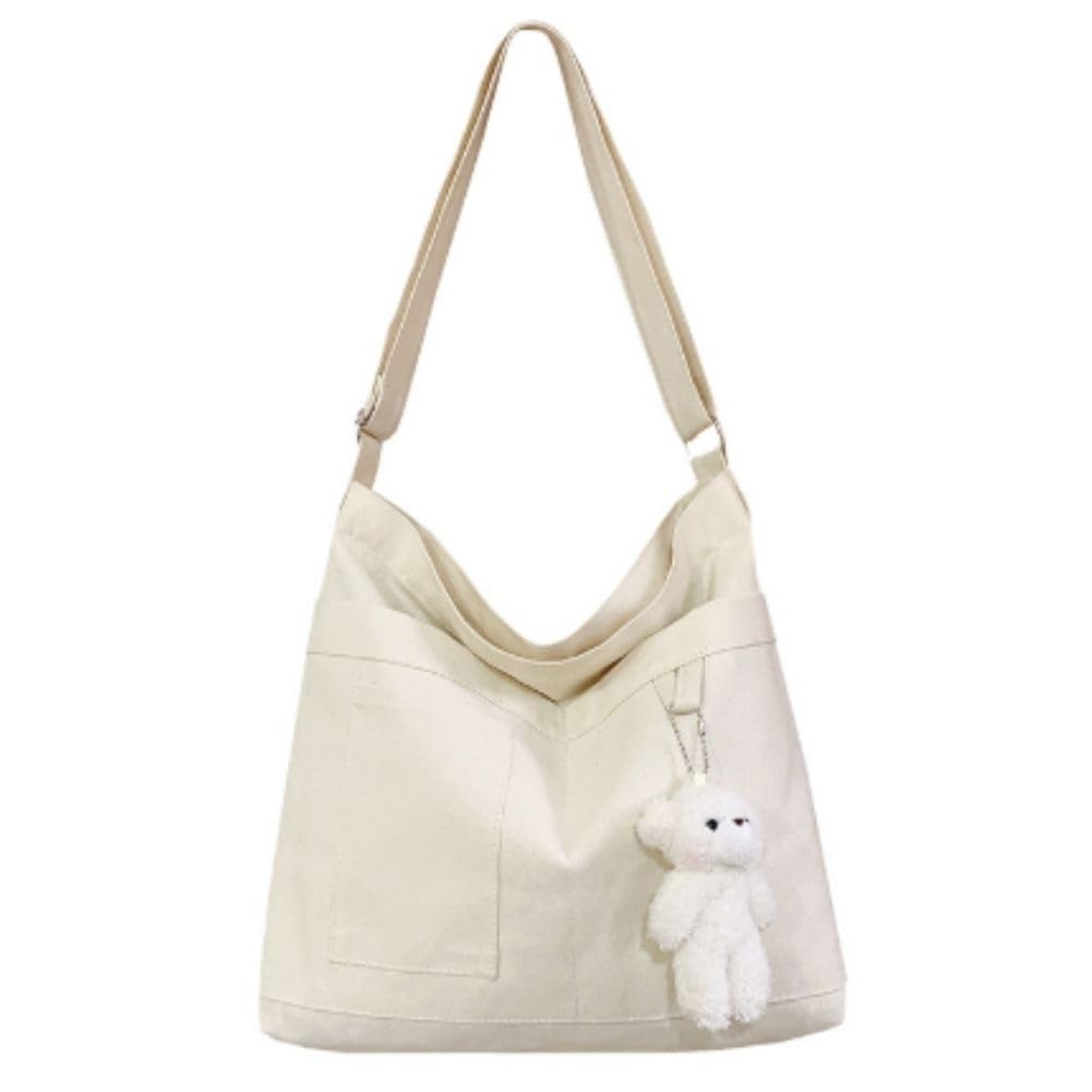 OJUMAH Canvas Tote Bag, A4 Size, Shoulder Bag, Canvas Fabric, Lightweight, Perfect for School or Commuting, Zippered, Solid Color (White) [Used]