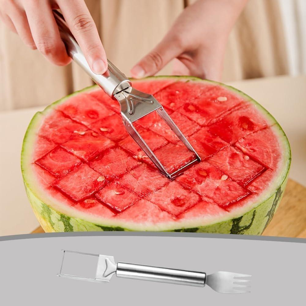 2-in-1 Stainless Steel Watermelon Cutter, Watermelon Slicer, Fruit Watermelon Cutting Tool, Double Head Stainless Steel Watermelon Cutter & Fruit Fork