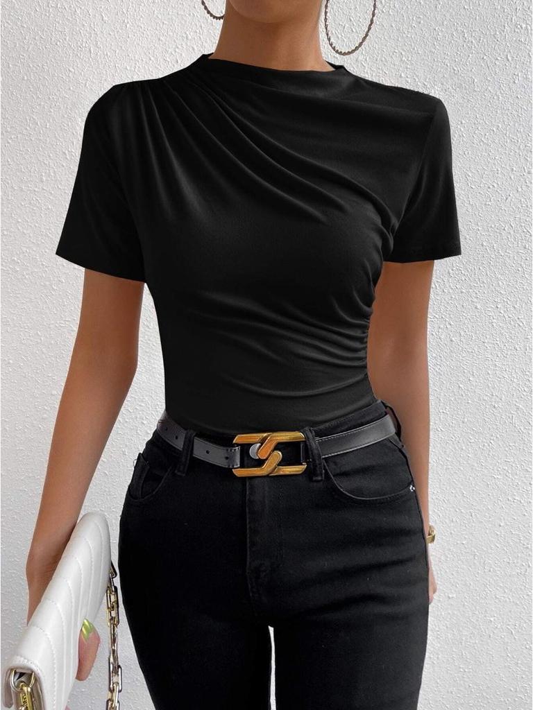 High Neck Ruched Slim-fit Short Sleeve Women's T-shirt 2025 Spring/Summer Collection