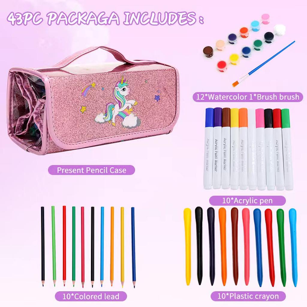 Kawaii Tragbare Tragetasche mit großem Fassungsvermögen Set enthält Farbstift Markerstift Zeichnen Graffiti Schreibwaren Gutes Geschenk für Kinder