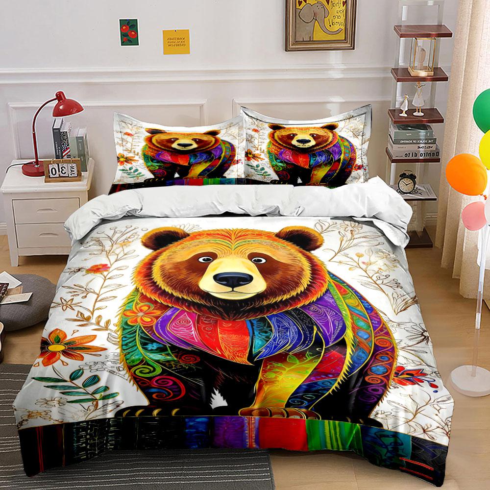 Colorful Bear and Flowers. Bedding Sets Duvet Cover Sets Duvet Covers Pillowcases(1* Duvet Cover 2* Pillowcases Without Duvet Insert)